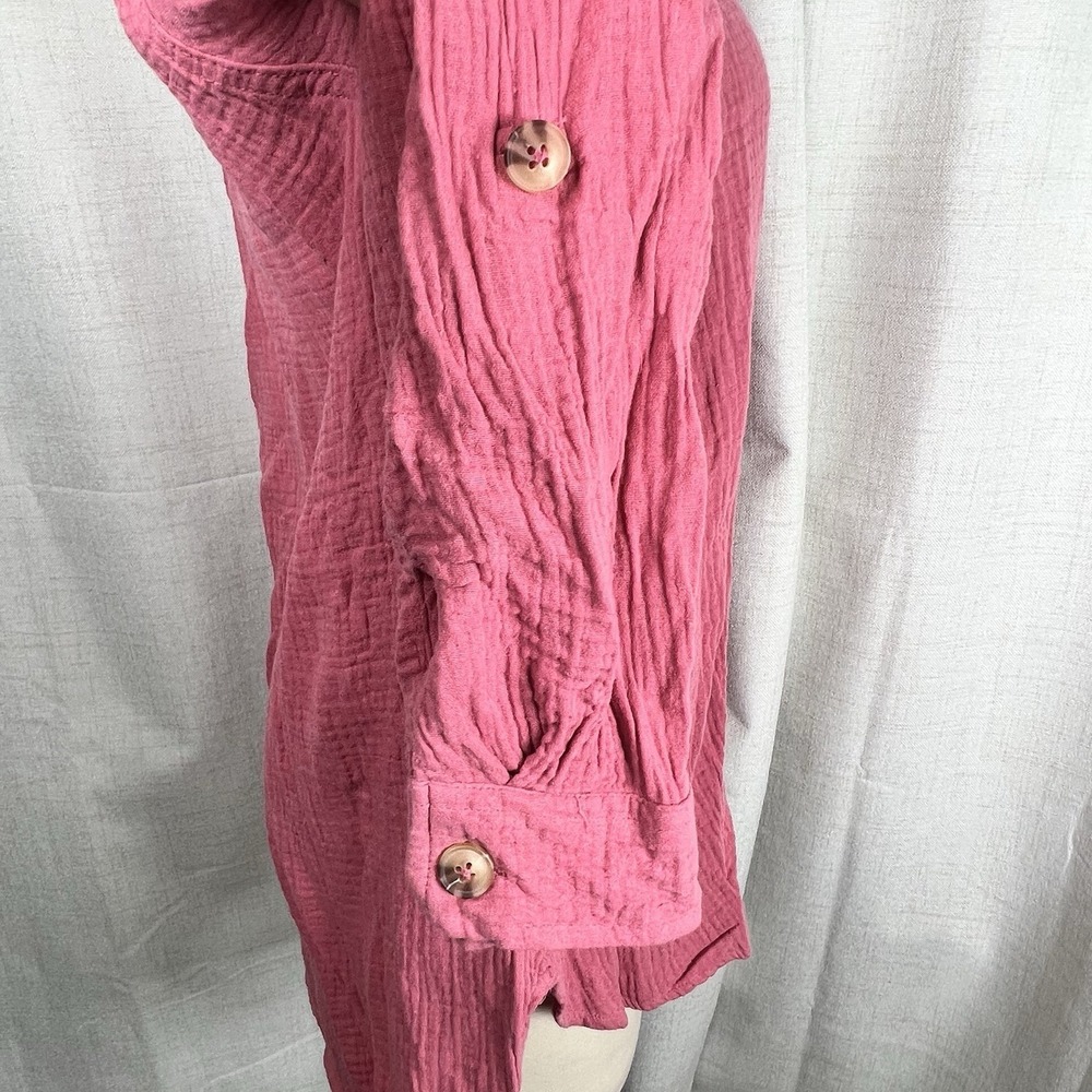 COMO VINTAGE Gauzy Roll-Tab Sleeve Button Up Tunic Top Textured Rose Pink‎ XL - Picture 7 of 11